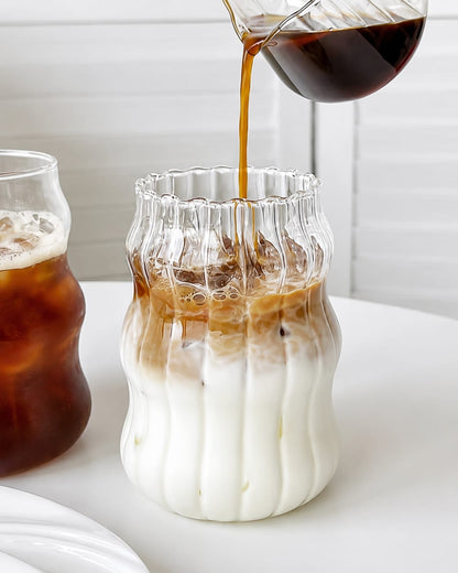 Premium Aesthetic Wave shape coffee tumblers with glass and straw (Pack of 2) 500 ml for coffee, milk shakes, smoothies, cold beverages