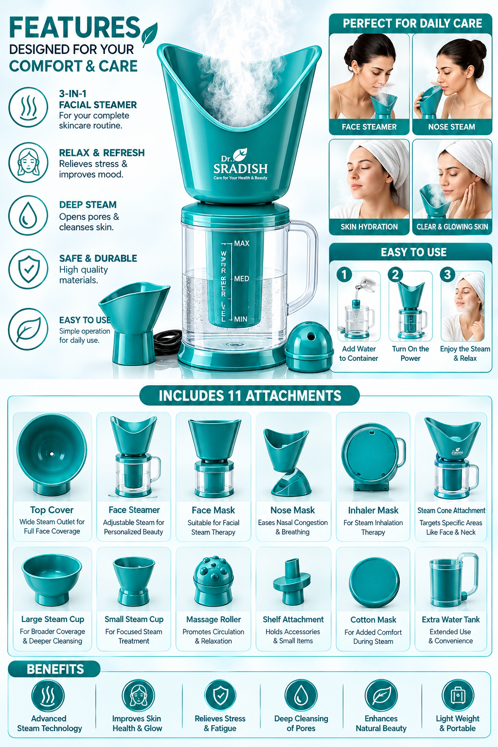 Dr. SRADISH 3 IN 1 Facial Steamer for Face & Cold Relief with Free Digital Thermometer