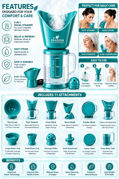 Dr. SRADISH 3 IN 1 Facial Steamer for Face & Cold Relief with Free Digital Thermometer