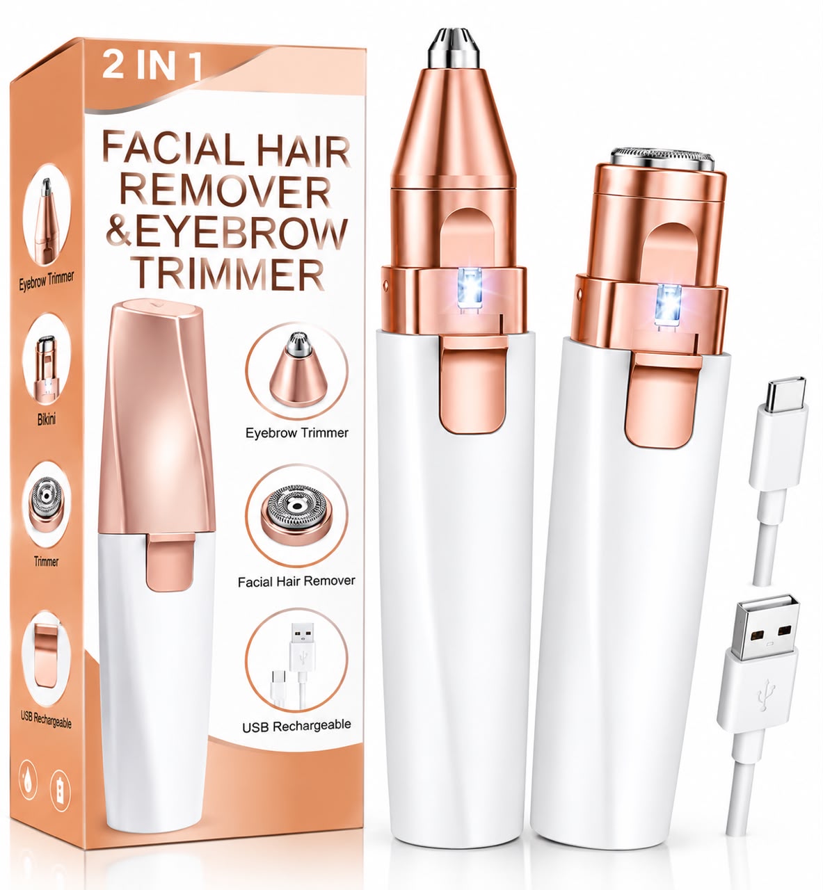 2 IN 1 Recharegeable Eyebrow Trimmer & Facial Hair Remover